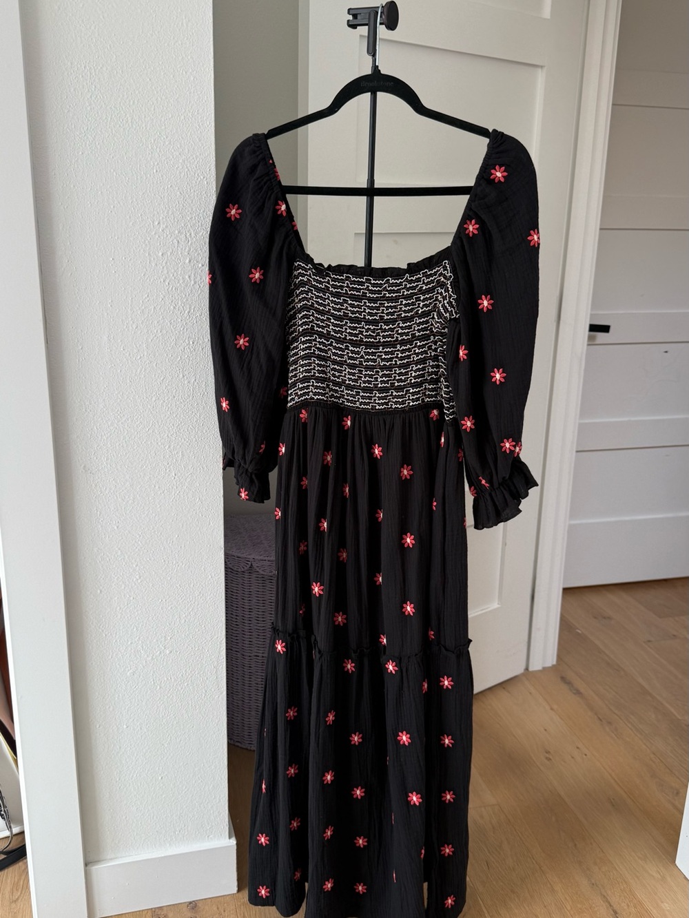 Black Maxi Dress with Pink Floral Embroidery